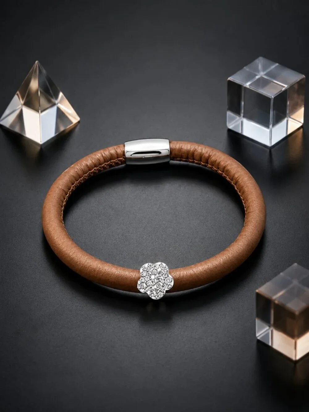 Caramel Vegan Leather Magnetic Bangle and Steel Hoop Earrings Set CZ Flower Boho